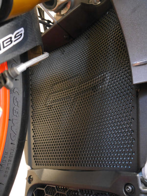 Close up of EP Radiator Guard on Aprilia Tuono V4 1100 RR