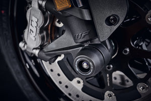 EP Front Spindle Bobbins fitted seamlessly to the KTM 790 Duke, extending from the front forks for superior crash protection.