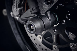 The injection-moulded nylon crash bung of EP Front Spindle Bobbins fastened onto the front wheel of the KTM 790 Duke, providing robust crash protection to the front forks and brake calipers.