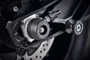 EPâs Rear Spindle Bobbinâs nylon and aluminium crash protection bung extending from the swingarm of the KTM 790 Duke. 