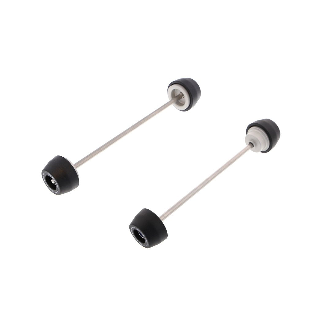 EP Spindle Bobbins Kit for the Yamaha Tracer 900 GT includes front fork crash protection (left) and rear swingarm protection (right). Stainless steel spindle rods secure the signature Evotech Performance nylon bobbins either end to fit precisely the motorcycleâs wheels.  