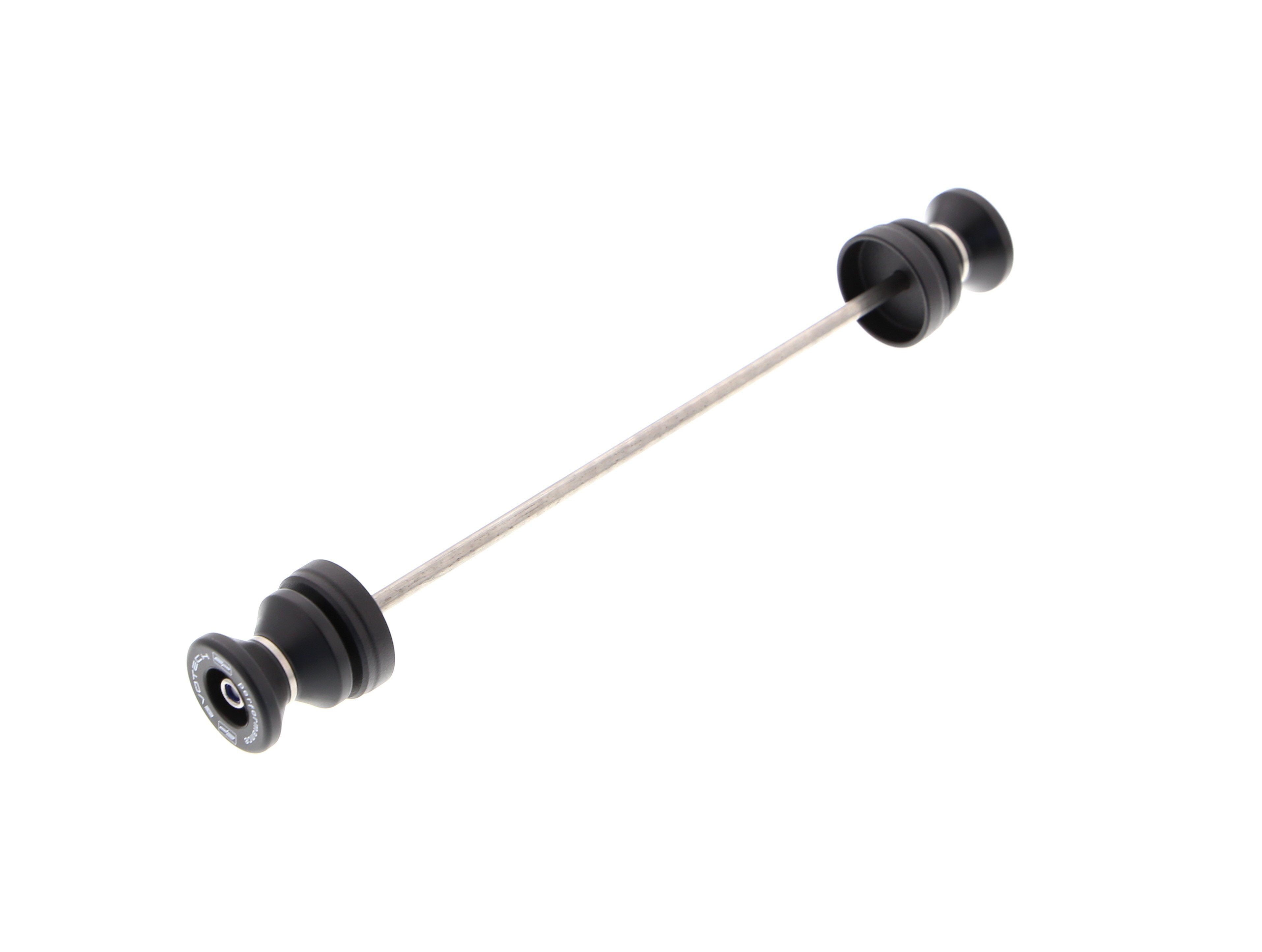 EP Paddock Stand Bobbins for the Ducati Scrambler 1100 Dark Pro. EP signature nylon paddock stand bobbins with precision shaped aluminium spacer, held either end of a rolled-thread spindle rod.