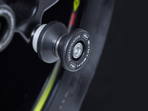 EP Paddock Stand Bobbins fitted neatly into the rear wheel swingarm of the Honda CBR1000RR.